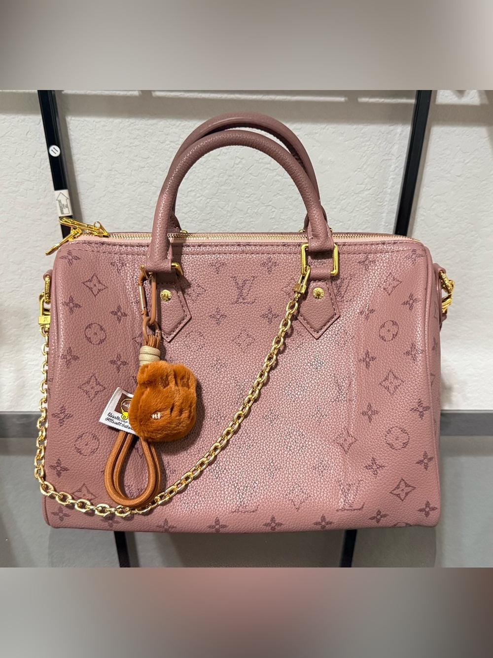 Luxury Pink Monogram Satchel with Gold Chain Accent